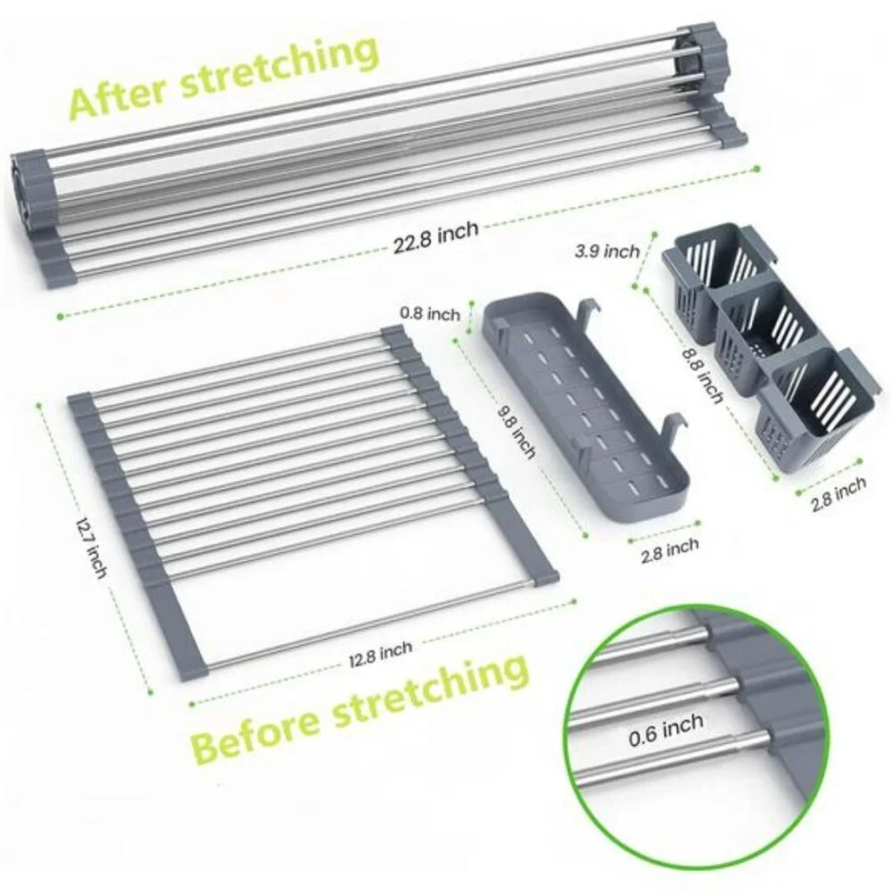 expandable roll up dish drying rack over sink with storage baskets foldable stee
